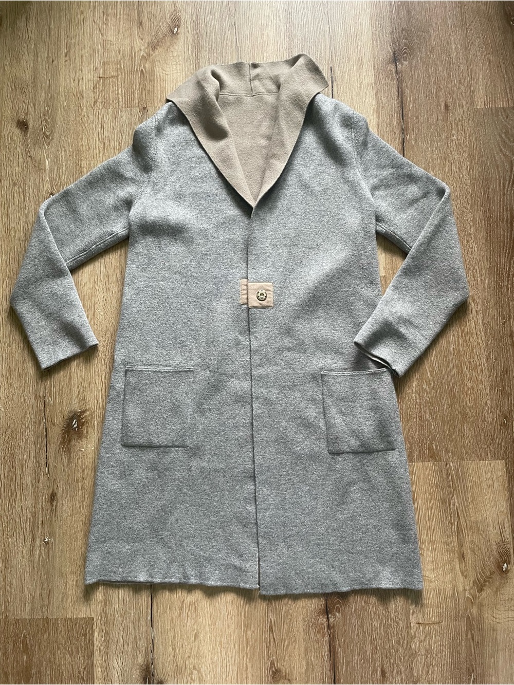 Women's Hooded Long Coatigan in Light Gray and Beige